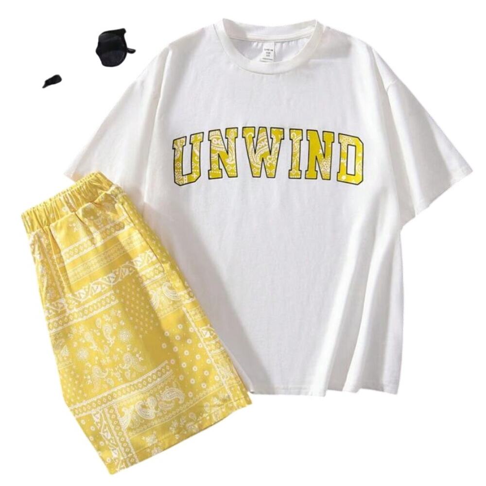 Boys 'Unwind' Graphic T-Shirt and Paisley Shorts in Yellow/White, Size 8Y